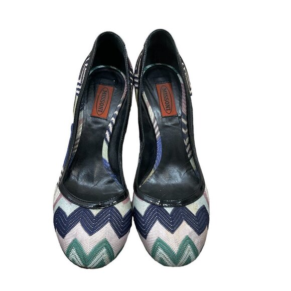 Missoni Designer Pumps Sz 39 Leather Chevron Print Round Toe Heels Multicolor - Picture 2 of 13